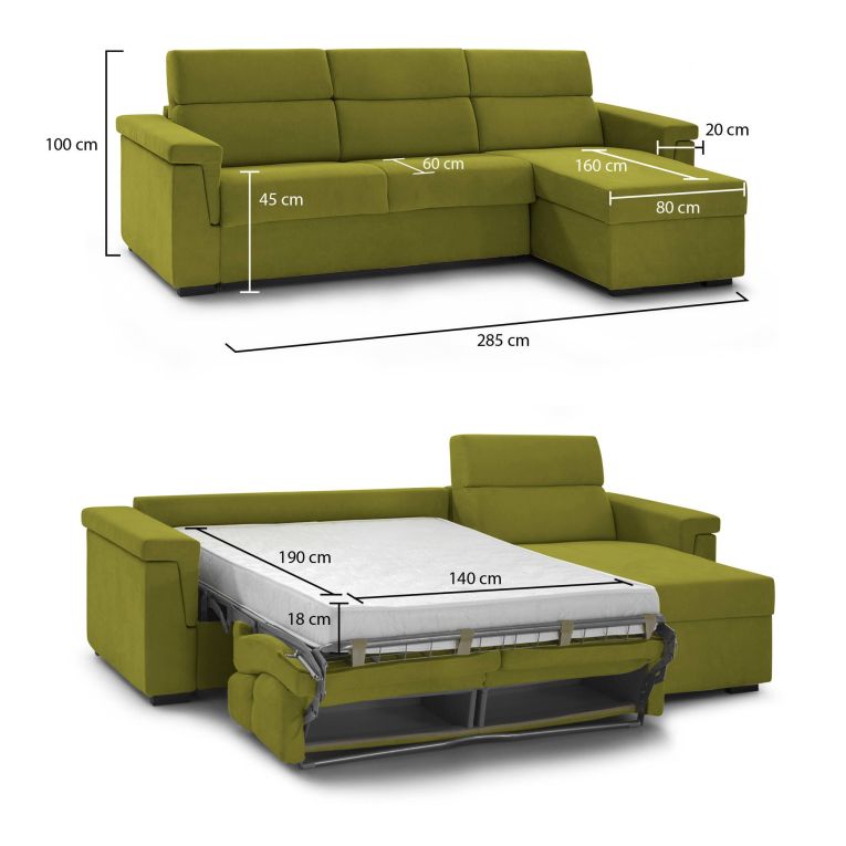 Divano letto in tessuto verde 285x160cm - Ganzaria