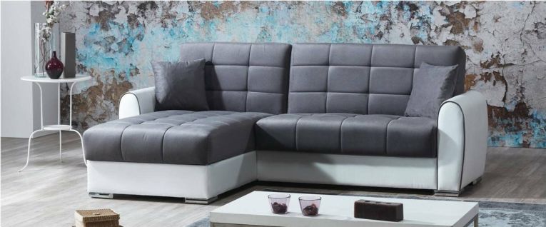 Divano letto Jesus, Divano letto contenitore ad angolo in ecopelle e tessuto, Sofà con apertura click-clack e penisola reversibile, 246x160h91 cm, Bianco e Grigio