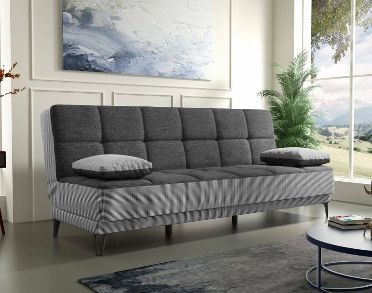 Divano letto Jordi, Divano letto a 3 posti con piedini in metallo nero , Sofà da soggiorno in tessuto imbottito con apertura click-clack, 190x87h97 cm, Grigio
