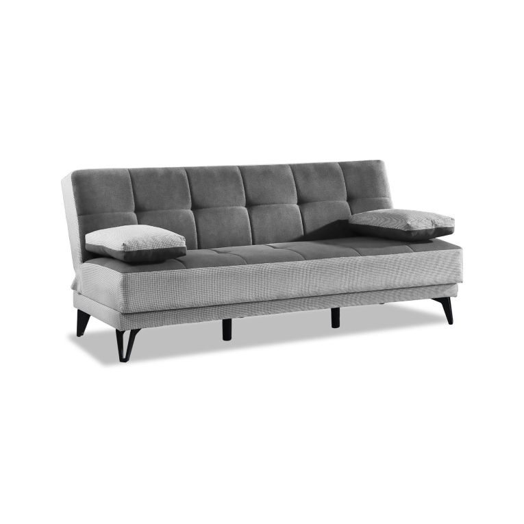Divano letto Jordi, Divano letto a 3 posti con piedini in metallo nero , Sofà da soggiorno in tessuto imbottito con apertura click-clack, 190x87h97 cm, Grigio