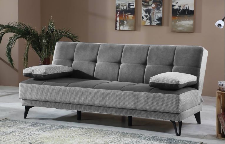 Divano letto Jordi, Divano letto a 3 posti con piedini in metallo nero , Sofà da soggiorno in tessuto imbottito con apertura click-clack, 190x87h97 cm, Grigio