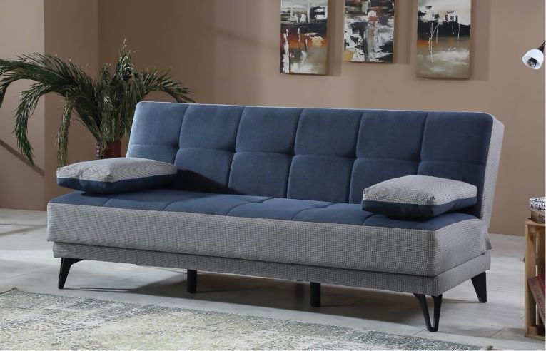 Divano letto Jordi, Divano letto a 3 posti con piedini in metallo nero , Sofà da soggiorno in tessuto imbottito con apertura click-clack, 190x87h97 cm, Grigio e Blu