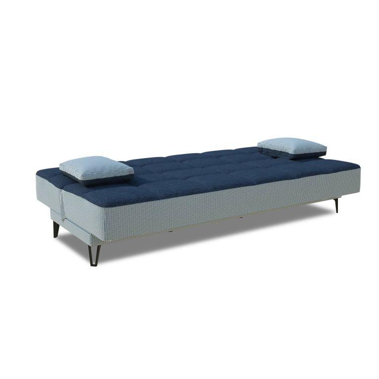 Divano letto Jordi, Divano letto a 3 posti con piedini in metallo nero , Sofà da soggiorno in tessuto imbottito con apertura click-clack, 190x87h97 cm, Grigio e Blu
