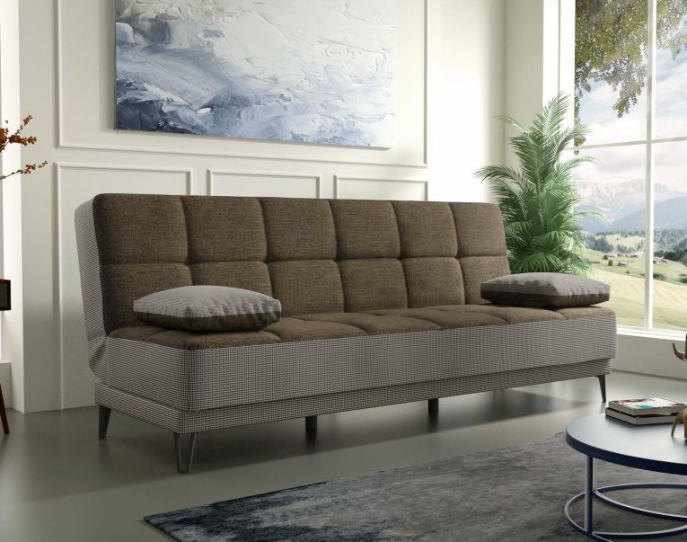 Divano letto Jordi, Divano letto a 3 posti con piedini in metallo nero , Sofà da soggiorno in tessuto imbottito con apertura click-clack, 190x87h97 cm, Grigio E Marrone