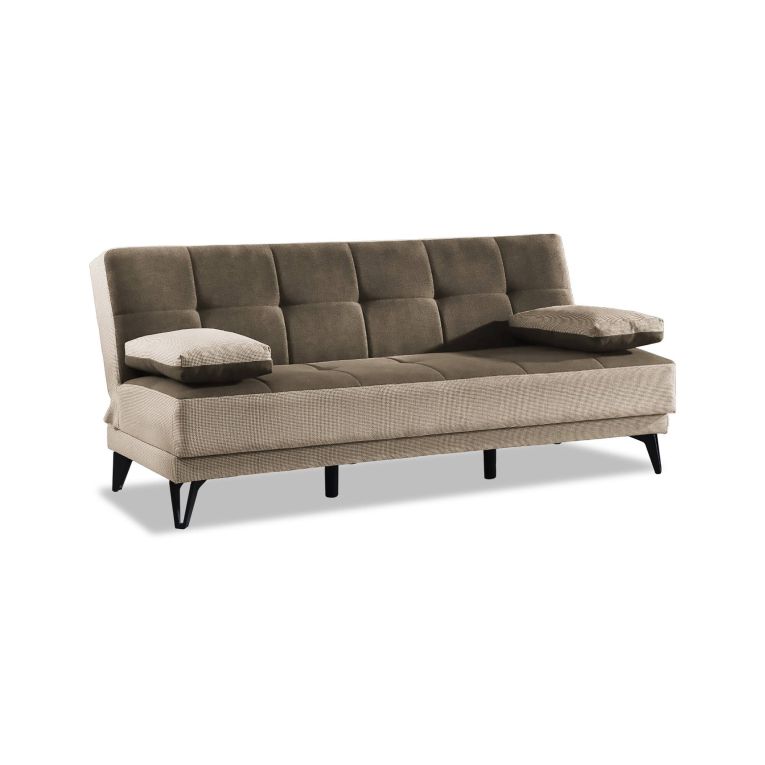 Divano letto Jordi, Divano letto a 3 posti con piedini in metallo nero , Sofà da soggiorno in tessuto imbottito con apertura click-clack, 190x87h97 cm, Grigio E Marrone