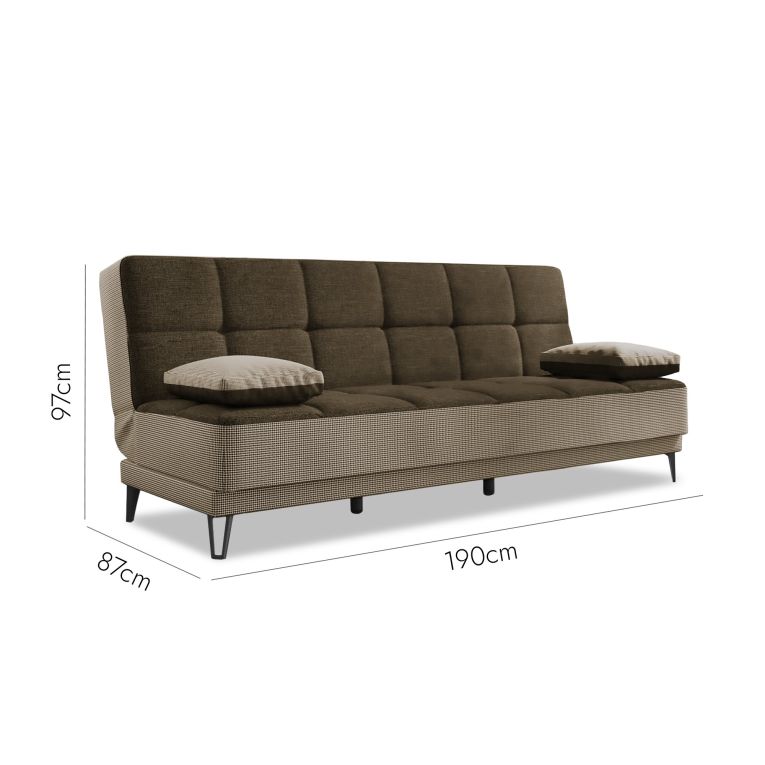 Divano letto Jordi, Divano letto a 3 posti con piedini in metallo nero , Sofà da soggiorno in tessuto imbottito con apertura click-clack, 190x87h97 cm, Grigio E Marrone