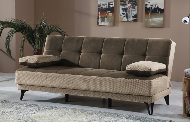 Divano letto Jordi, Divano letto a 3 posti con piedini in metallo nero , Sofà da soggiorno in tessuto imbottito con apertura click-clack, 190x87h97 cm, Grigio E Marrone