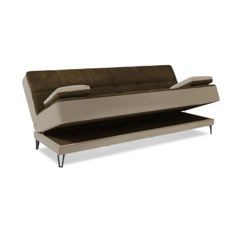 Divano letto Jordi, Divano letto a 3 posti con piedini in metallo nero , Sofà da soggiorno in tessuto imbottito con apertura click-clack, 190x87h97 cm, Grigio E Marrone