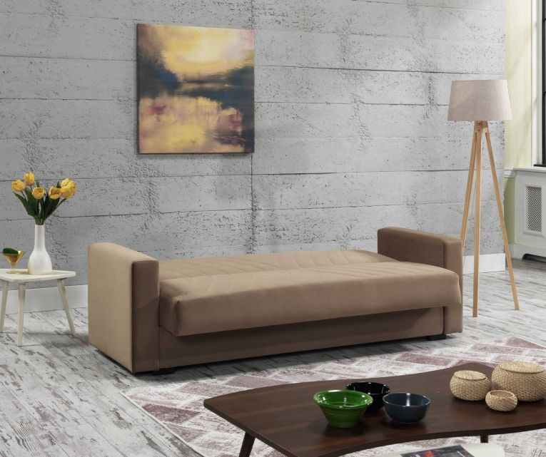 Divano letto Jorge, Divano letto contenitore a 3 posti lineare con 2 cuscini inclusi, Sofà da soggiorno in tessuto imbottito con apertura click-clack, 214x81xh89 cm, Beige