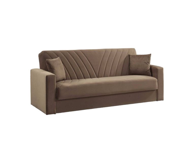 Divano letto Jorge, Divano letto contenitore a 3 posti lineare con 2 cuscini inclusi, Sofà da soggiorno in tessuto imbottito con apertura click-clack, 214x81xh89 cm, Beige