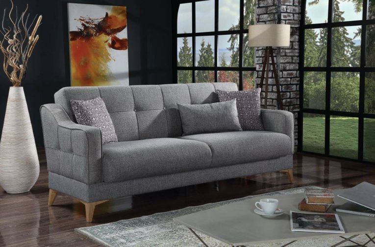 Divano letto Juan, Divano letto contenitore a 3 posti lineare con 3 cuscini inclusi, Sofà da soggiorno in tessuto imbottito con apertura click-clack, 207x82xh92 cm, Grigio