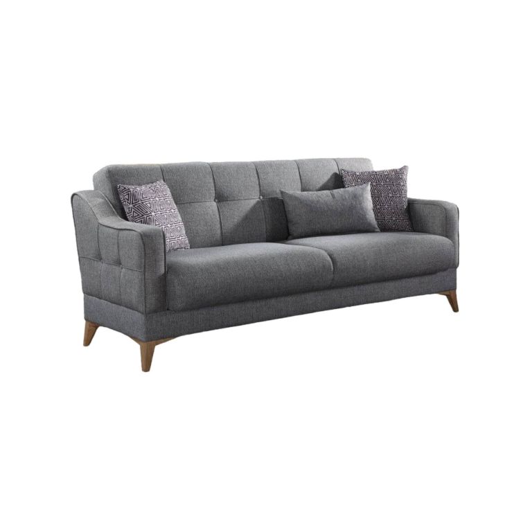 Divano letto Juan, Divano letto contenitore a 3 posti lineare con 3 cuscini inclusi, Sofà da soggiorno in tessuto imbottito con apertura click-clack, 207x82xh92 cm, Grigio