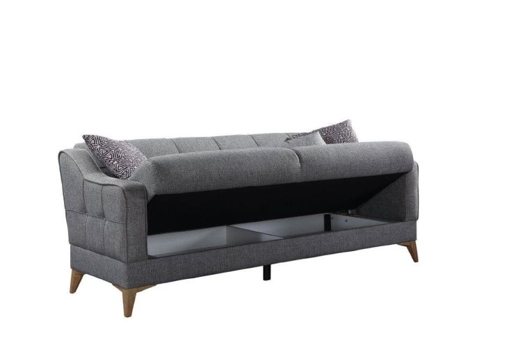 Divano letto Juan, Divano letto contenitore a 3 posti lineare con 3 cuscini inclusi, Sofà da soggiorno in tessuto imbottito con apertura click-clack, 207x82xh92 cm, Grigio