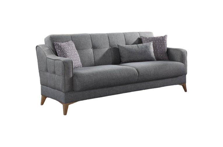 Divano letto Juan, Divano letto contenitore a 3 posti lineare con 3 cuscini inclusi, Sofà da soggiorno in tessuto imbottito con apertura click-clack, 207x82xh92 cm, Grigio