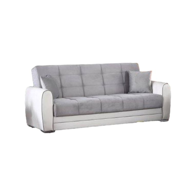 Divano letto Luis, Divano letto contenitore a 3 posti in ecopelle e tessuto, Sofà da soggiorno in tessuto imbottito con apertura click-clack, 220x84h91 cm, Bianco e Grigio