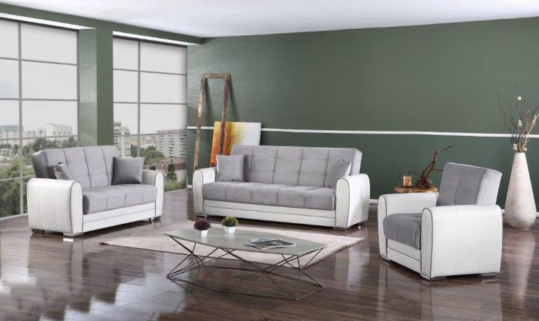 Divano letto Luis, Divano letto contenitore a 3 posti in ecopelle e tessuto, Sofà da soggiorno in tessuto imbottito con apertura click-clack, 220x84h91 cm, Bianco e Grigio