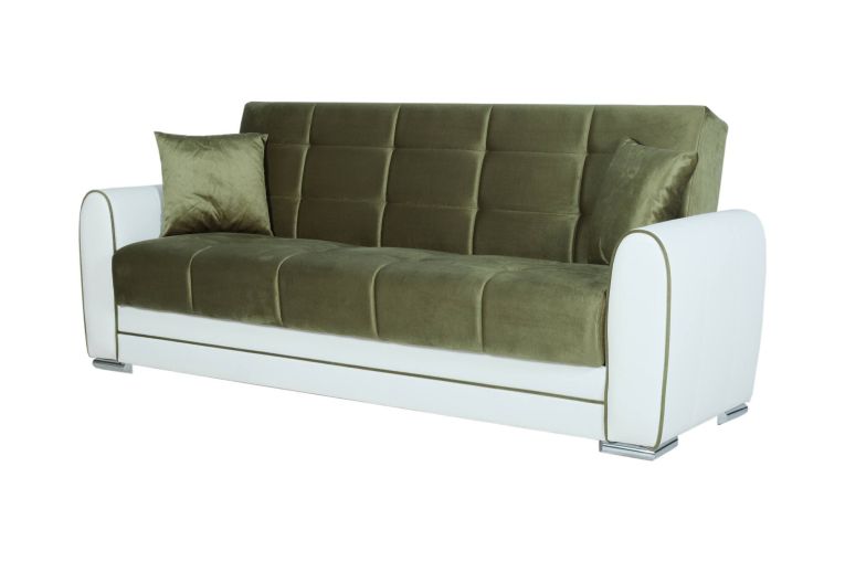 Divano letto Luis, Divano letto contenitore a 3 posti in ecopelle e tessuto, Sofà da soggiorno in tessuto imbottito con apertura click-clack, 220x84h91 cm, Bianco e Verde