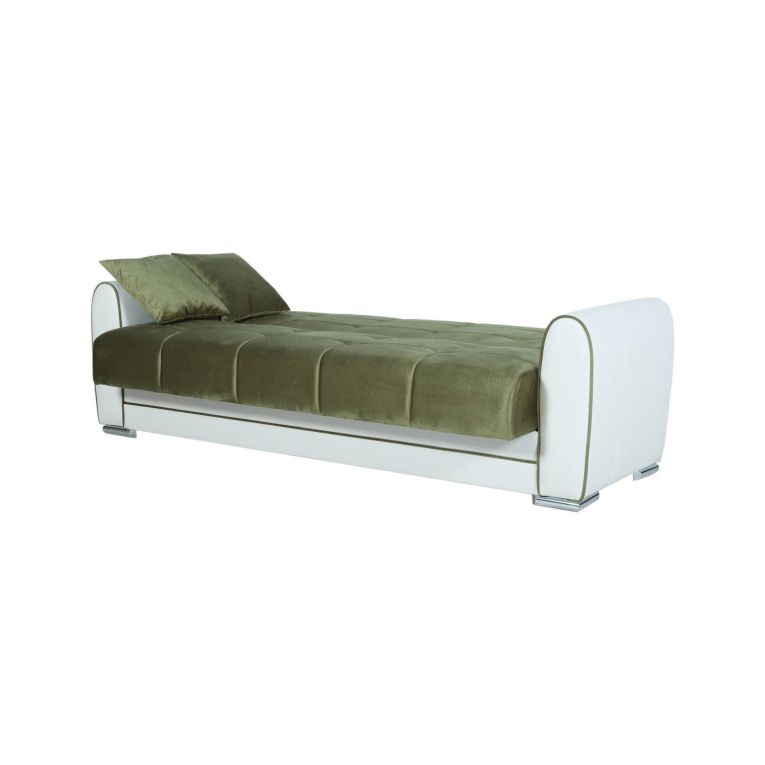 Divano letto Luis, Divano letto contenitore a 3 posti in ecopelle e tessuto, Sofà da soggiorno in tessuto imbottito con apertura click-clack, 220x84h91 cm, Bianco e Verde