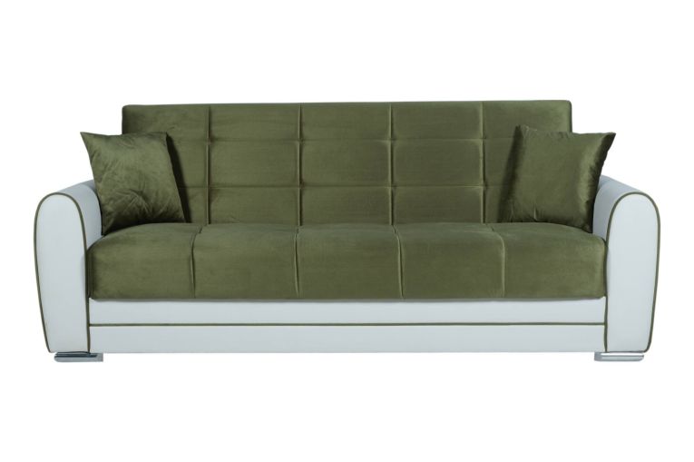 Divano letto Luis, Divano letto contenitore a 3 posti in ecopelle e tessuto, Sofà da soggiorno in tessuto imbottito con apertura click-clack, 220x84h91 cm, Bianco e Verde
