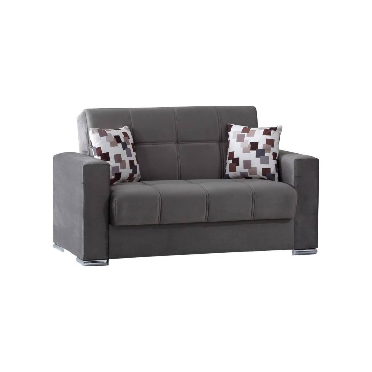 Divano letto Manuel, Divano letto contenitore a 2 posti lineare, Sofà da soggiorno in tessuto imbottito con apertura click-clack, 160x85h91 cm, Grigio