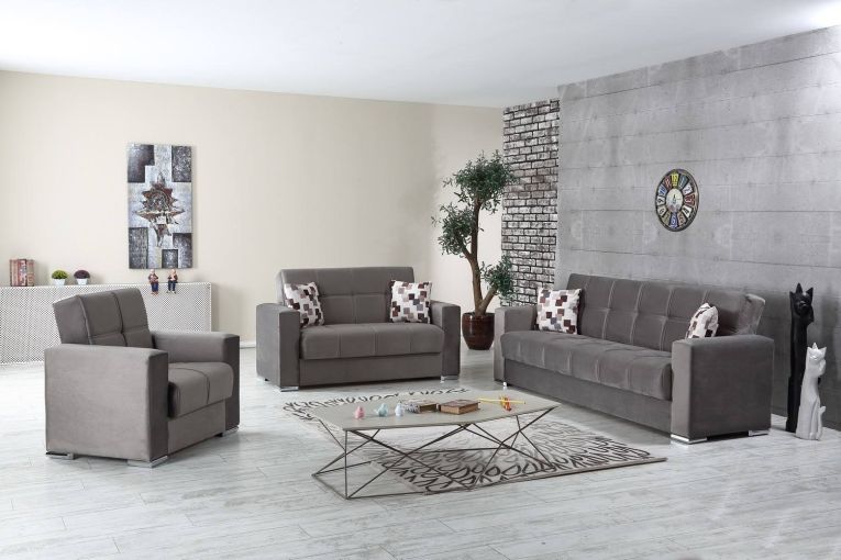 Divano letto Manuel, Divano letto contenitore a 2 posti lineare, Sofà da soggiorno in tessuto imbottito con apertura click-clack, 160x85h91 cm, Grigio