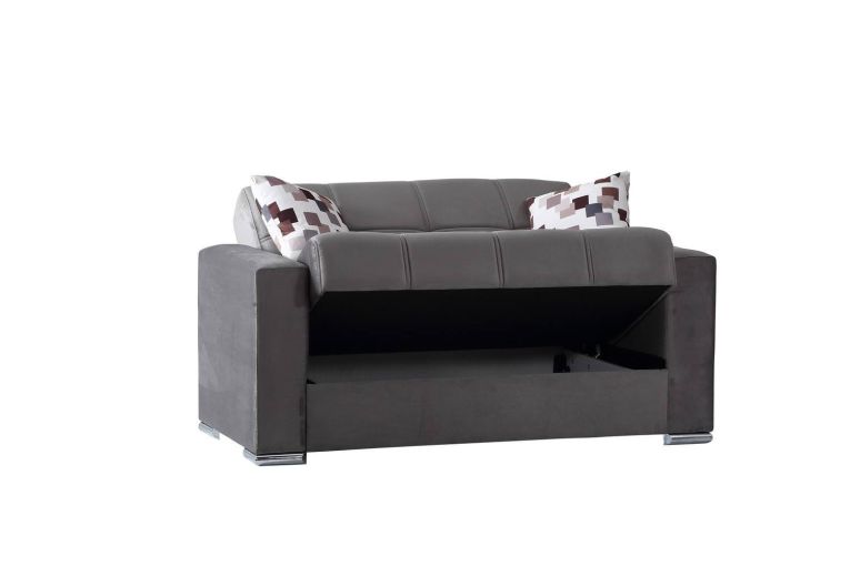 Divano letto Manuel, Divano letto contenitore a 2 posti lineare, Sofà da soggiorno in tessuto imbottito con apertura click-clack, 160x85h91 cm, Grigio