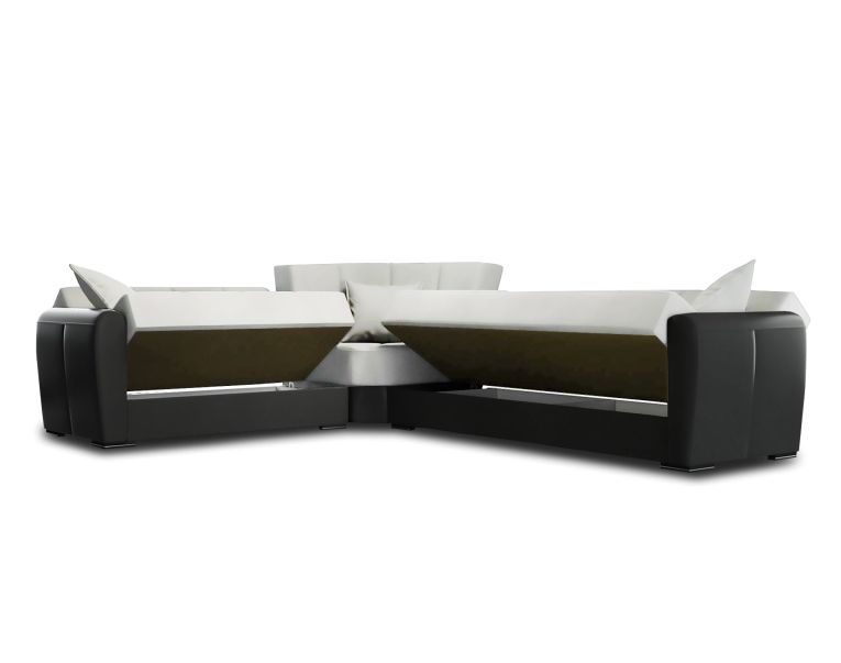 Divano letto Matias, Divano letto contenitore ad angolo in ecopelle e tessuto, Sofà da soggiorno con apertura click-clack e penisola reversibile, 305x238h91 cm, Nero e Grigio Chiaro