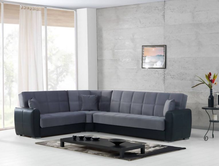 Divano letto Matias, Divano letto contenitore ad angolo in ecopelle e tessuto, Sofà da soggiorno con apertura click-clack e penisola reversibile, 305x238h91 cm, Nero e Grigio Tortora