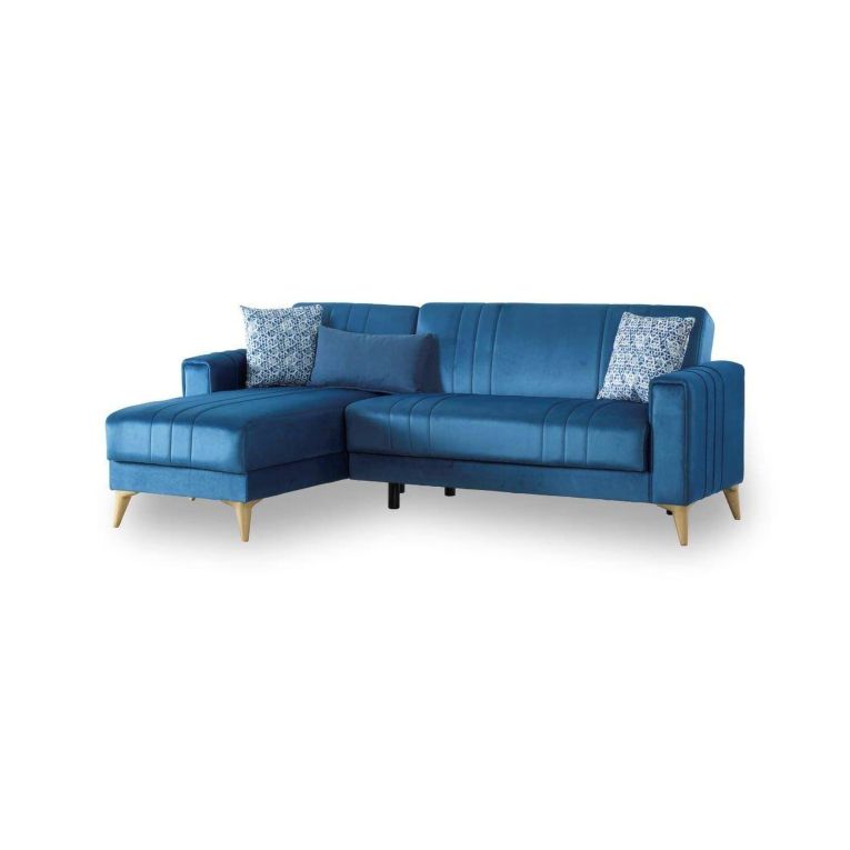 Divano letto Miguel, Divano letto contenitore ad angolo con 3 cuscini inclusi, Sofàin tessuto imbottito con apertura click-clack, con penisola reversibile, 225x151h84 cm, Blu