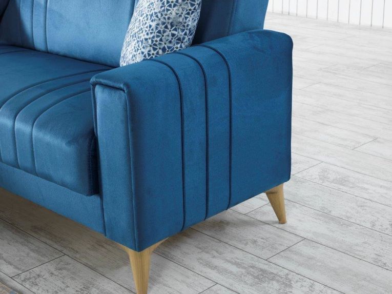 Divano letto Miguel, Divano letto contenitore ad angolo con 3 cuscini inclusi, Sofàin tessuto imbottito con apertura click-clack, con penisola reversibile, 225x151h84 cm, Blu