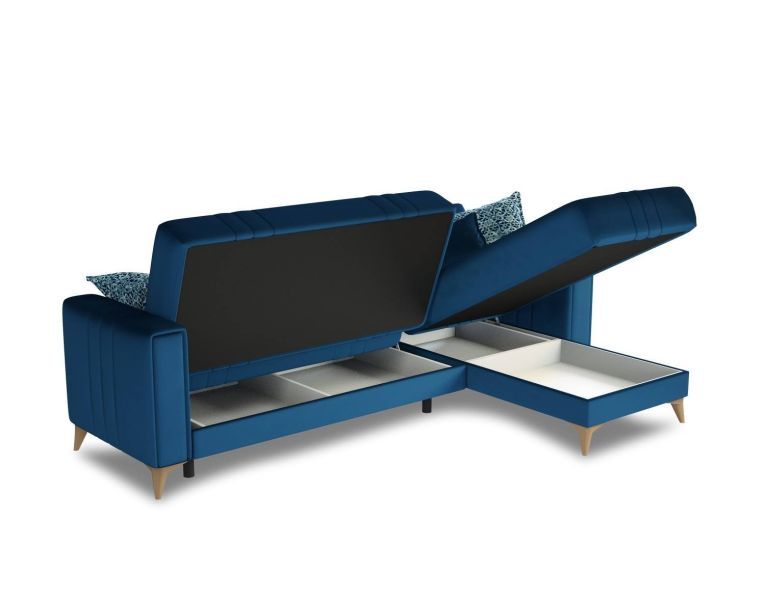 Divano letto Miguel, Divano letto contenitore ad angolo con 3 cuscini inclusi, Sofàin tessuto imbottito con apertura click-clack, con penisola reversibile, 225x151h84 cm, Blu