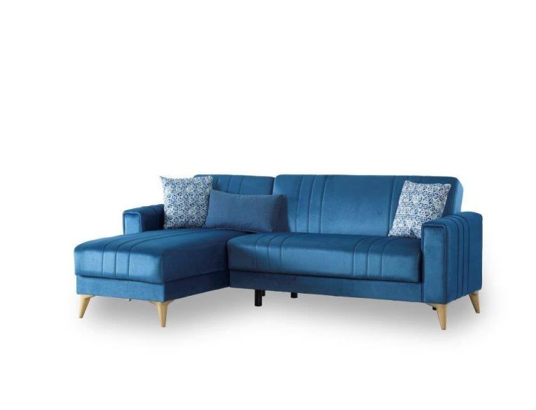 Divano letto Miguel, Divano letto contenitore ad angolo con 3 cuscini inclusi, Sofàin tessuto imbottito con apertura click-clack, con penisola reversibile, 225x151h84 cm, Blu
