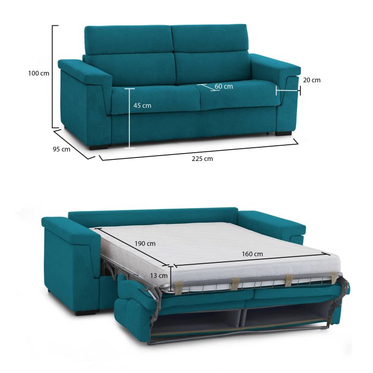 Divano letto moderno azzurro 225x95cm - Nus
