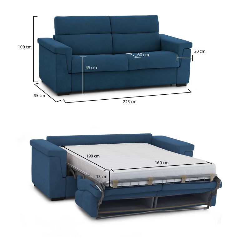 Divano letto moderno blu 225x95cm - Nus