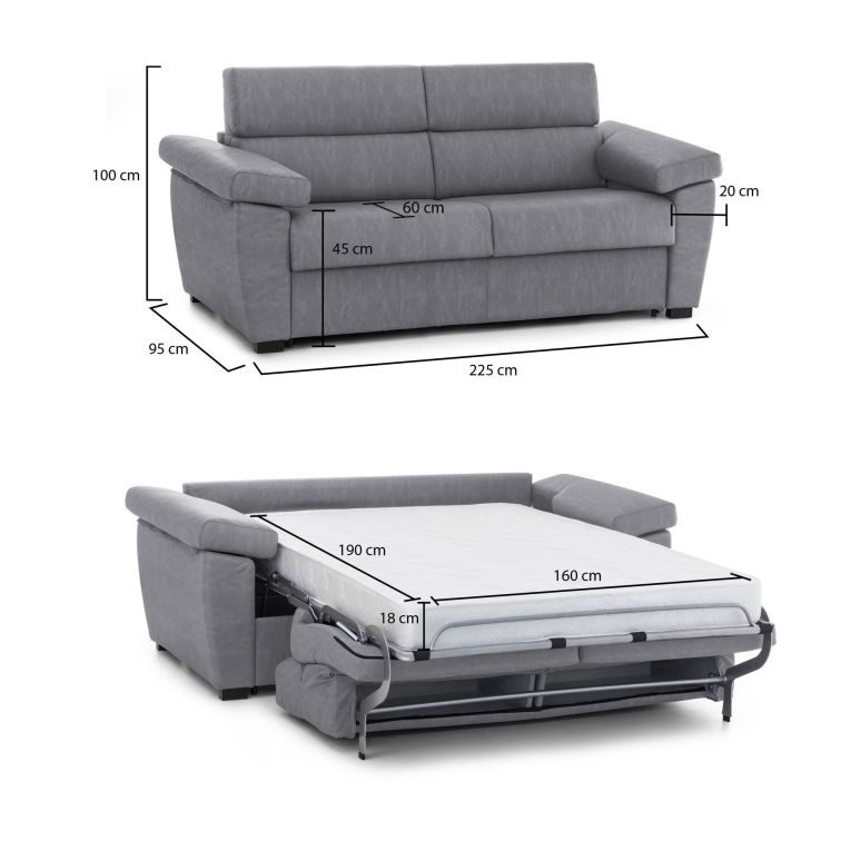 Divano letto moderno grigio 225x95cm - Paceco