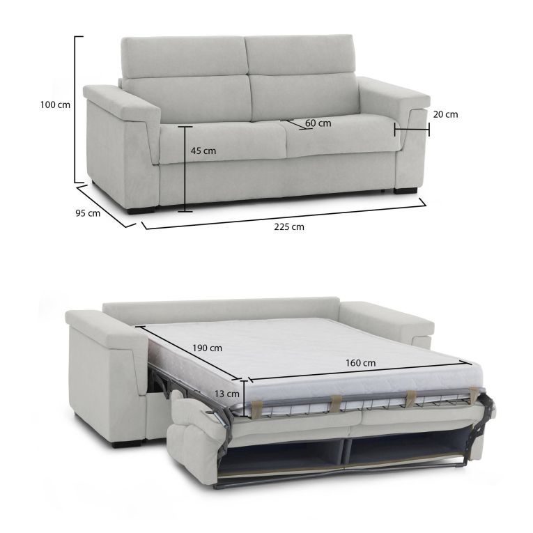Divano letto moderno grigio chiaro 225x95cm - Nus