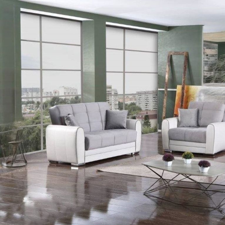 Divano letto Pablito, Divano letto contenitore ad angolo in ecopelle e tessuto, Sofà da soggiorno con apertura click-clack e penisola reversibile, 163x84h91 cm, Bianco e Grigio