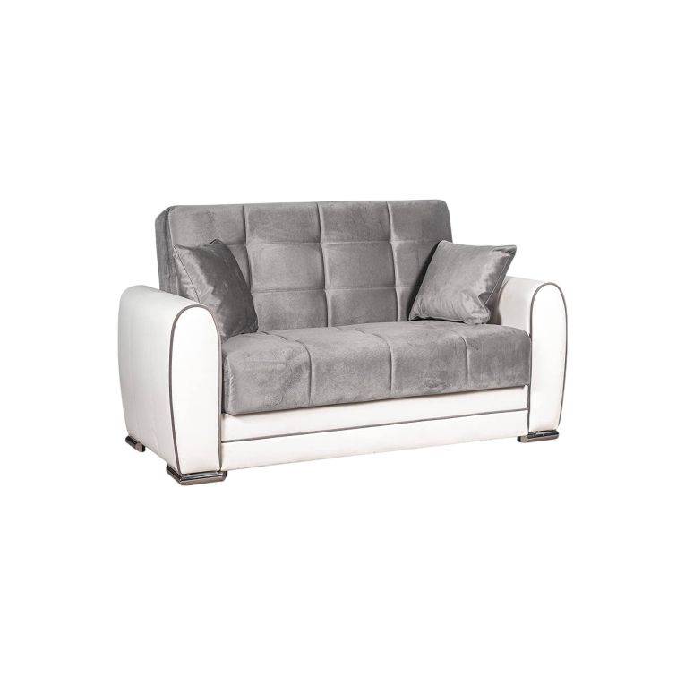 Divano letto Pablito, Divano letto contenitore ad angolo in ecopelle e tessuto, Sofà da soggiorno con apertura click-clack e penisola reversibile, 163x84h91 cm, Bianco e Grigio
