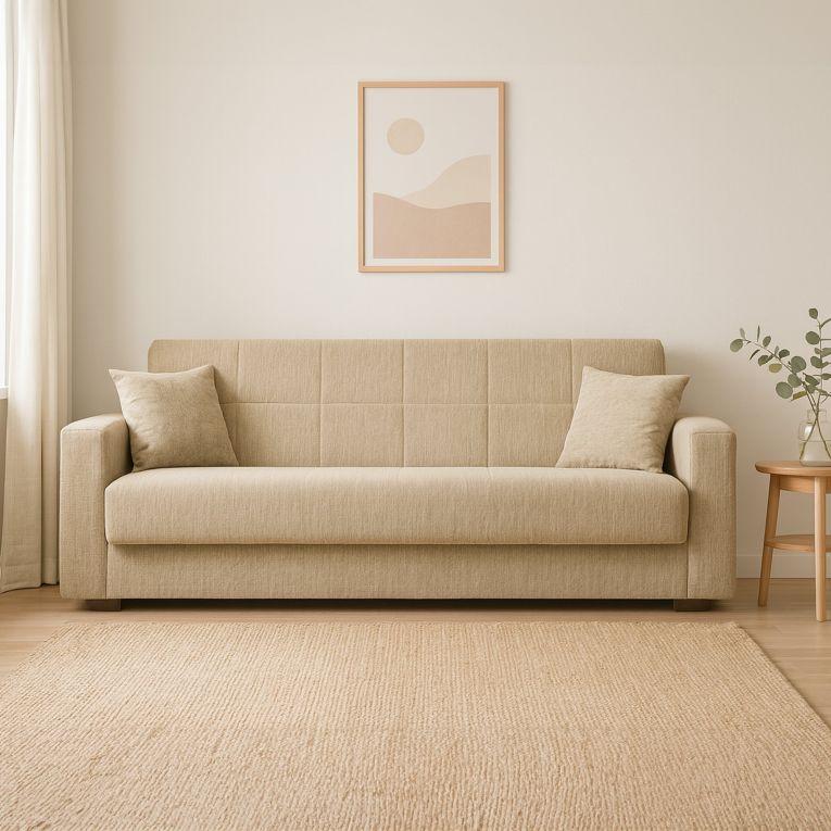 Divano letto Pinto, Divano letto contenitore lineare a 3 posti, Sofà da soggiorno in tessuto imbottito con apertura click-clack, 212x80h87 cm, Beige
