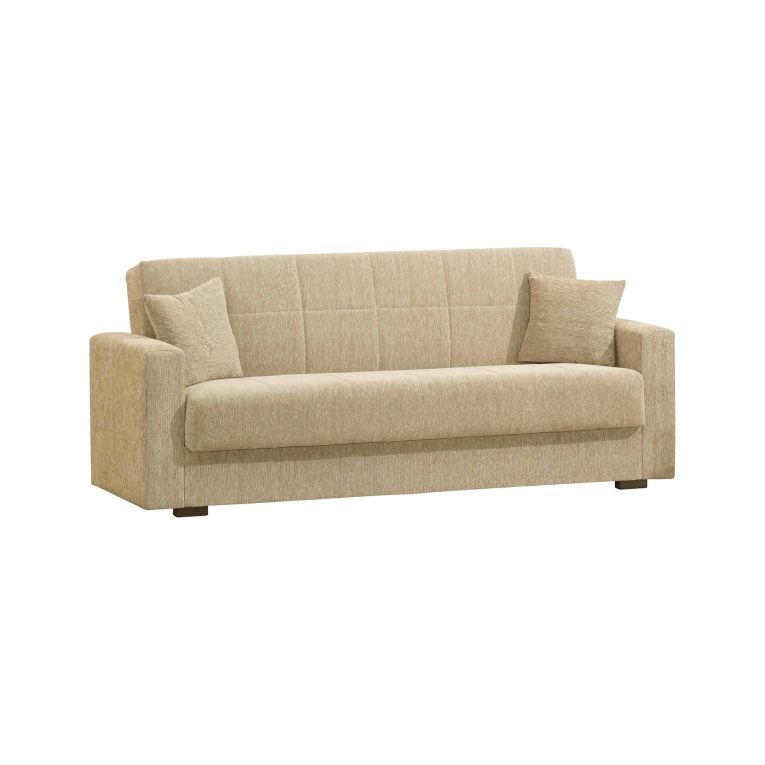 Divano letto Pinto, Divano letto contenitore lineare a 3 posti, Sofà da soggiorno in tessuto imbottito con apertura click-clack, 212x80h87 cm, Beige