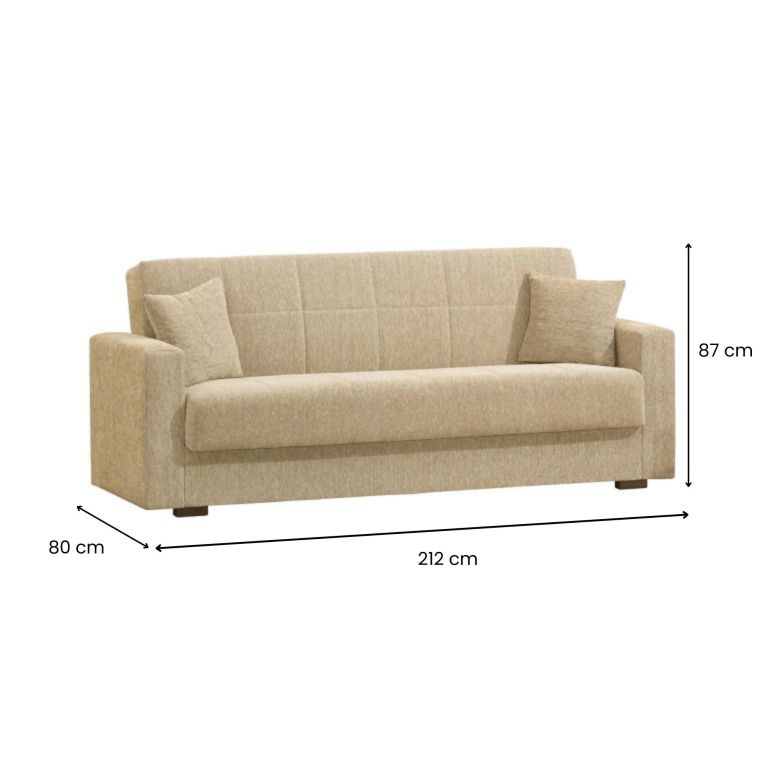 Divano letto Pinto, Divano letto contenitore lineare a 3 posti, Sofà da soggiorno in tessuto imbottito con apertura click-clack, 212x80h87 cm, Beige