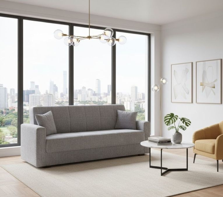 Divano letto Pinto, Divano letto contenitore lineare a 3 posti, Sofà da soggiorno in tessuto imbottito con apertura click-clack, 212x80h87 cm, Grigio