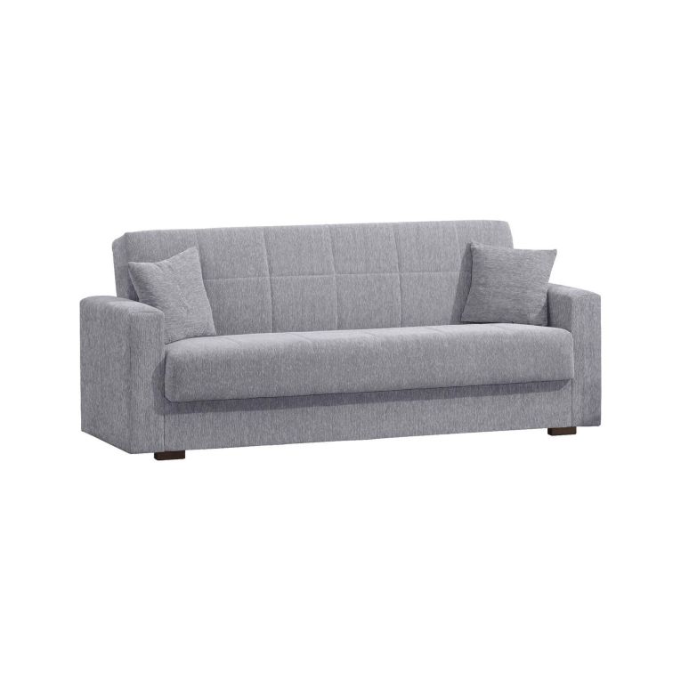 Divano letto Pinto, Divano letto contenitore lineare a 3 posti, Sofà da soggiorno in tessuto imbottito con apertura click-clack, 212x80h87 cm, Grigio