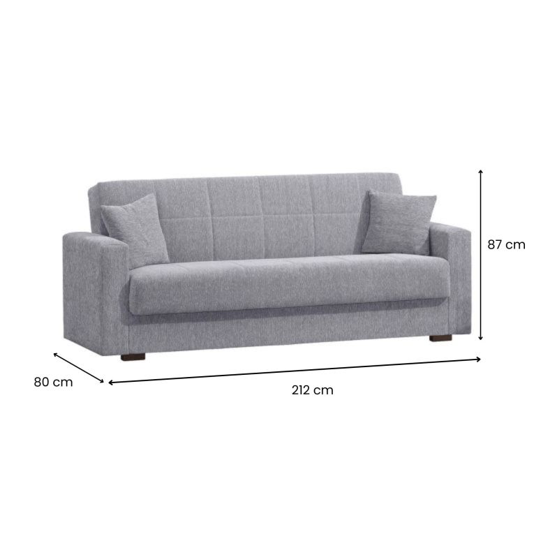 Divano letto Pinto, Divano letto contenitore lineare a 3 posti, Sofà da soggiorno in tessuto imbottito con apertura click-clack, 212x80h87 cm, Grigio