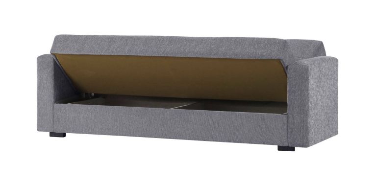 Divano letto Pinto, Divano letto contenitore lineare a 3 posti, Sofà da soggiorno in tessuto imbottito con apertura click-clack, 212x80h87 cm, Grigio