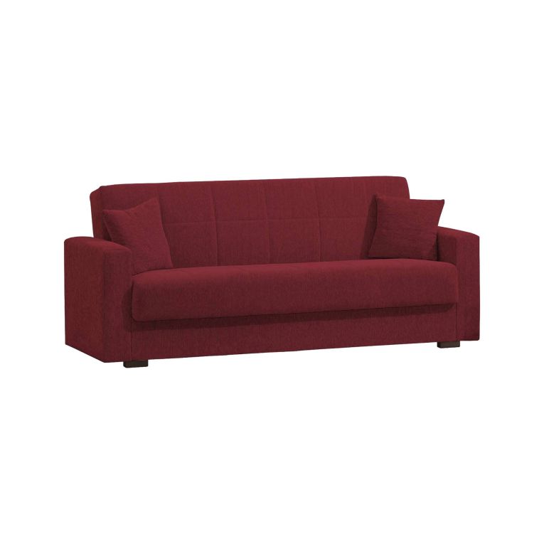 Divano letto Pinto, Divano letto contenitore lineare a 3 posti, Sofà da soggiorno in tessuto imbottito con apertura click-clack, 212x80h87 cm, Rosso