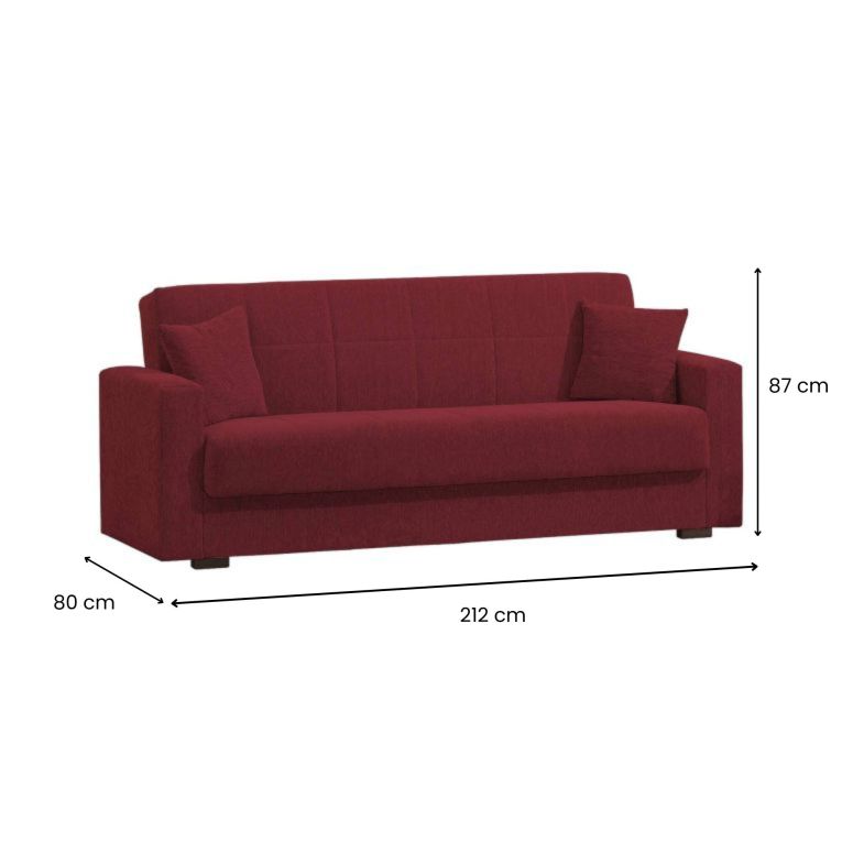 Divano letto Pinto, Divano letto contenitore lineare a 3 posti, Sofà da soggiorno in tessuto imbottito con apertura click-clack, 212x80h87 cm, Rosso