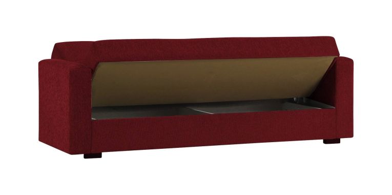 Divano letto Pinto, Divano letto contenitore lineare a 3 posti, Sofà da soggiorno in tessuto imbottito con apertura click-clack, 212x80h87 cm, Rosso