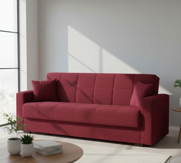 Divano letto Pinto, Divano letto contenitore lineare a 3 posti, Sofà da soggiorno in tessuto imbottito con apertura click-clack, 212x80h87 cm, Rosso