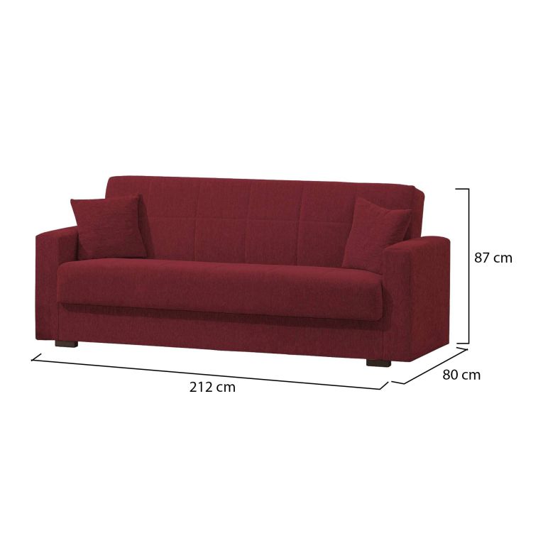 Divano letto Pinto, Divano letto contenitore lineare a 3 posti, Sofà da soggiorno in tessuto imbottito con apertura click-clack, 212x80h87 cm, Rosso